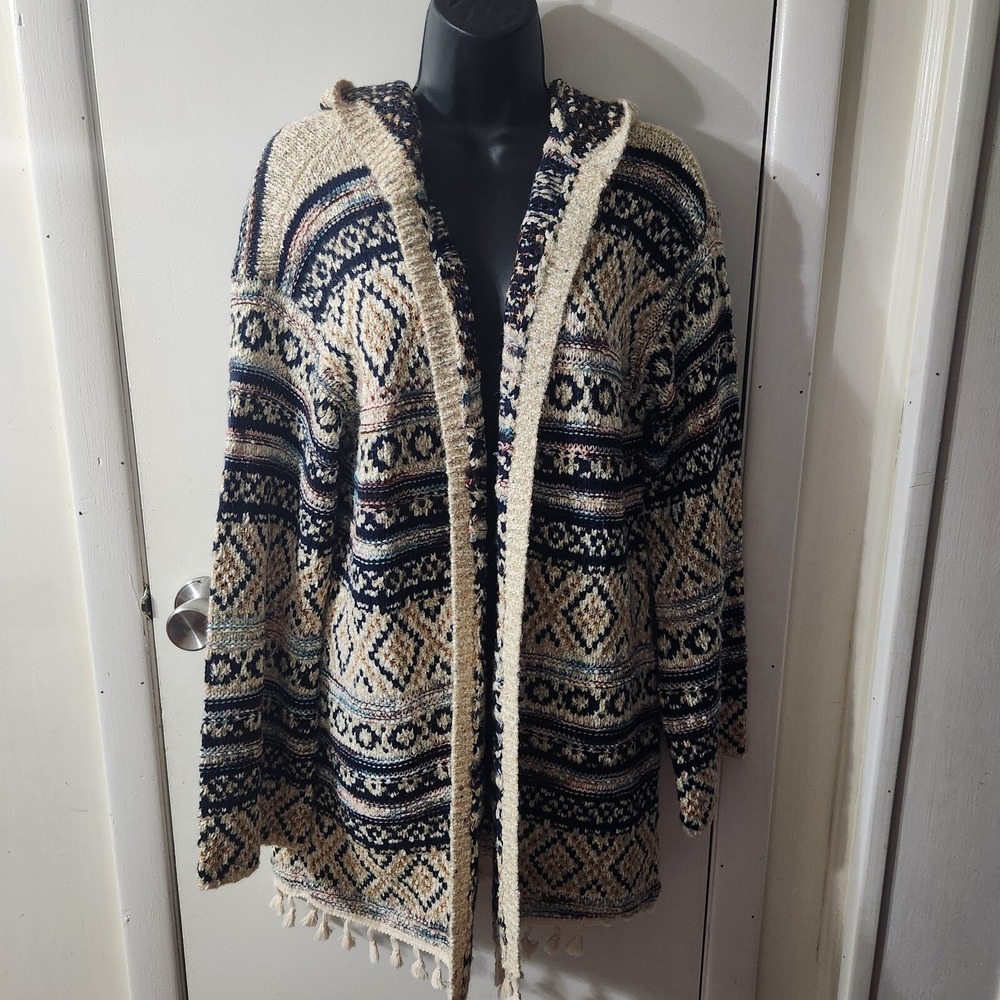 Adyson Parker Women Blue Tan Cardigan with Hood Size Medium Boho